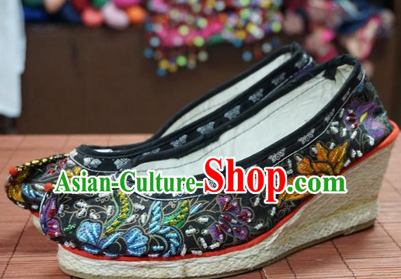 Traditional Chinese Ethnic Embroidered Beads Black Shoes Handmade Yunnan National Shoes Wedding Shoes for Women