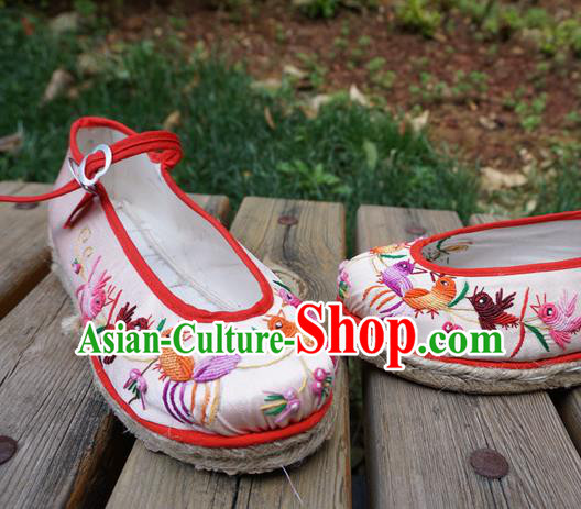 Traditional Chinese Ethnic Embroidered Magpie Light Pink Shoes Handmade Yunnan National Shoes Wedding Shoes for Women
