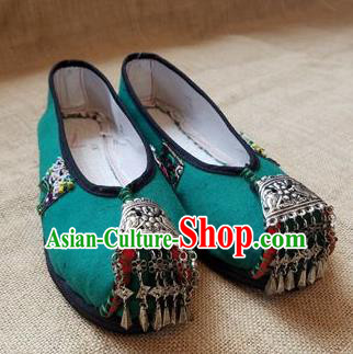 Traditional Chinese Handmade Ethnic Silver Tassel Green Shoes Yunnan National Shoes Embroidered Shoes for Women