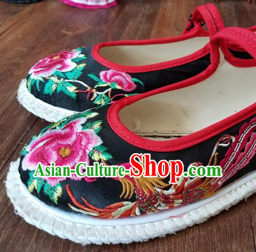 Traditional Chinese National Embroidered Phoenix Peony Black Shoes Ethnic Shoes Hanfu Shoes for Women