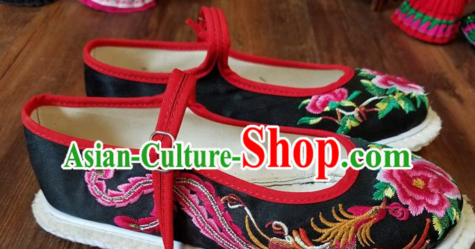 Traditional Chinese National Embroidered Phoenix Peony Black Shoes Ethnic Shoes Hanfu Shoes for Women