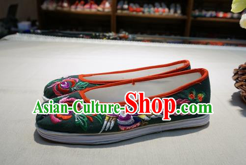 Traditional Chinese Ethnic Embroidered Phoenix Green Shoes Handmade Yunnan National Shoes Wedding Shoes for Women