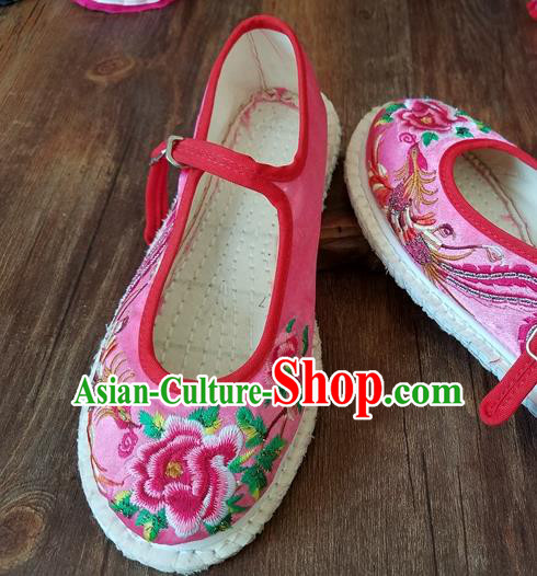 Traditional Chinese National Embroidered Phoenix Peony Pink Shoes Ethnic Shoes Hanfu Shoes for Women