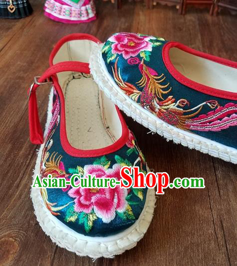 Traditional Chinese National Embroidered Phoenix Peony Peacock Blue Shoes Ethnic Shoes Hanfu Shoes for Women