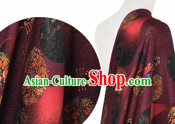Chinese Classical Flowers Lute Pattern Design Purple Silk Fabric Asian Traditional Hanfu Mulberry Silk Material