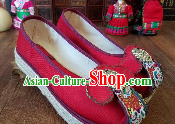Traditional Chinese Handmade Ethnic Red Shoes Yunnan National Carving Silver Shoes Embroidered Shoes for Women