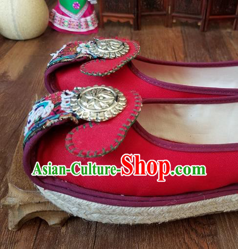 Traditional Chinese Handmade Ethnic Red Shoes Yunnan National Carving Silver Shoes Embroidered Shoes for Women