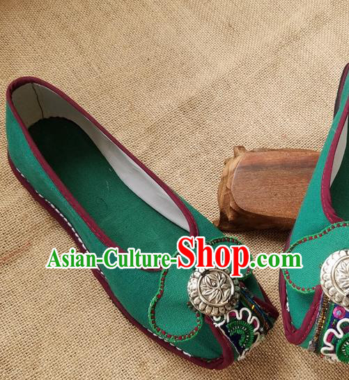 Traditional Chinese Handmade Ethnic Green Shoes Yunnan National Carving Silver Shoes Embroidered Shoes for Women