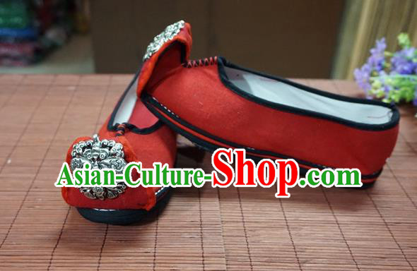 Traditional Chinese Handmade Ethnic Miao Silver Butterfly Red Shoes Yunnan National Shoes Wedding Shoes for Women