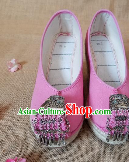 Traditional Chinese Handmade Ethnic Bride Pink Shoes Yunnan National Silver Tassel Shoes Wedding Shoes for Women