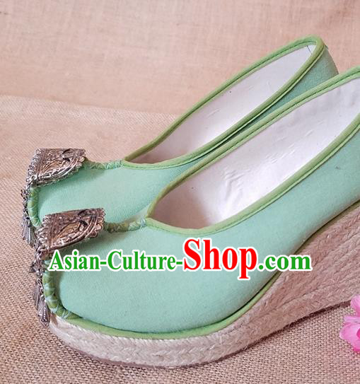 Traditional Chinese Handmade Ethnic Bride Light Green Shoes Yunnan National Silver Tassel Shoes Wedding Shoes for Women