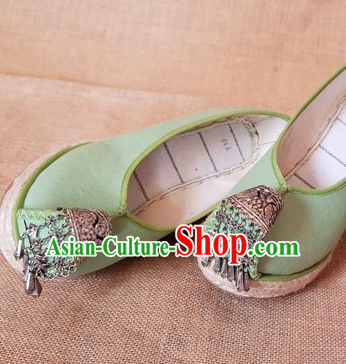 Traditional Chinese Handmade Ethnic Bride Light Green Shoes Yunnan National Silver Tassel Shoes Wedding Shoes for Women