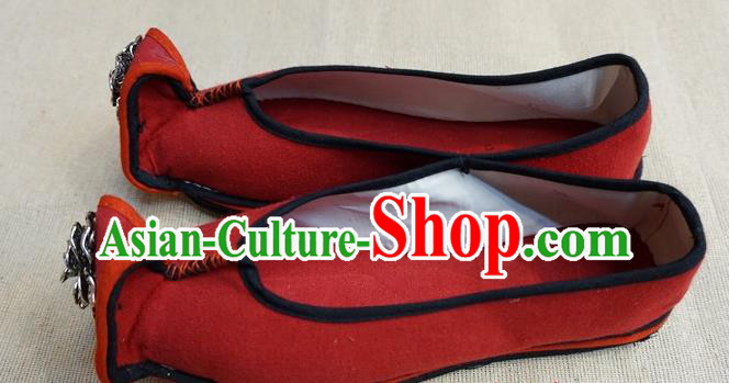 Traditional Chinese Ethnic Silver Carving Red Shoes Embroidered Shoes Yunnan National Wedding Shoes for Women
