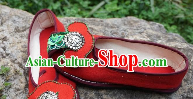 Traditional Chinese Ethnic Silver Red Shoes Embroidered Shoes Yunnan National Wedding Shoes for Women