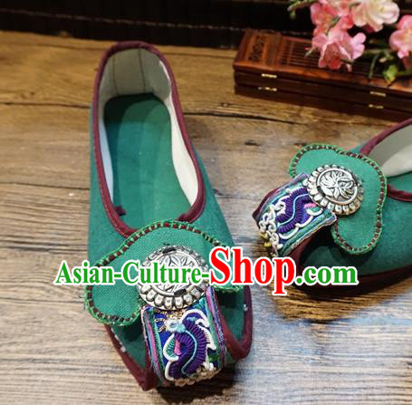 Traditional Chinese Ethnic Silver Green Shoes Embroidered Shoes Yunnan National Wedding Shoes for Women