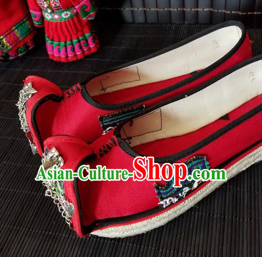 Traditional Chinese Ethnic Bride Red Shoes Handmade Yunnan National Silver Tassel Shoes Wedding Shoes for Women
