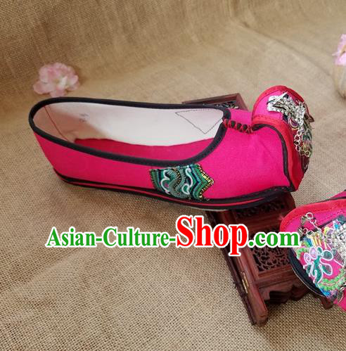 Traditional Chinese Handmade Rosy Cloth Shoes Yunnan National Shoes Embroidered Shoes for Women