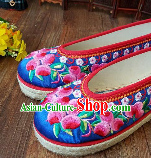 Traditional Chinese National Embroidered Blue Satin Shoes Ethnic Shoes Hanfu Shoes for Women