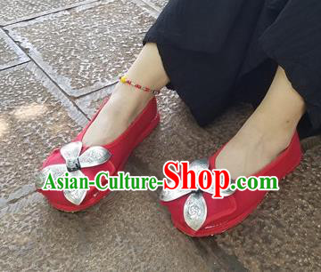 Traditional Chinese Handmade Carving Silver Red Shoes Yunnan National Shoes Embroidered Shoes for Women