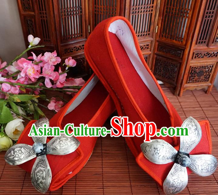 Traditional Chinese Handmade Carving Silver Red Shoes Yunnan National Shoes Embroidered Shoes for Women