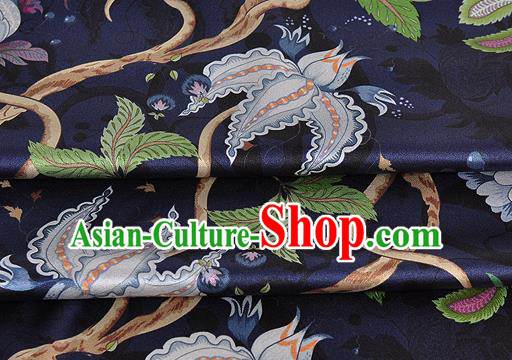 Chinese Classical Equinox Flower Pattern Design Navy Silk Fabric Asian Traditional Hanfu Mulberry Silk Material