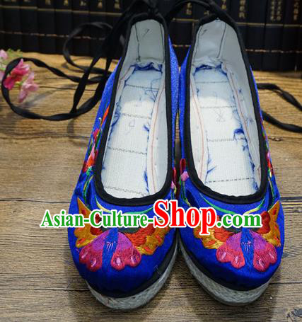 Traditional Chinese Embroidered Butterfly Blue Wedge Shoes National Wedding Shoes Hanfu Shoes for Women