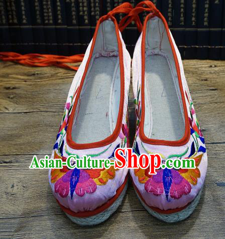 Traditional Chinese Embroidered Butterfly Pink Wedge Shoes National Wedding Shoes Hanfu Shoes for Women