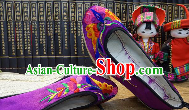 Traditional Chinese Embroidered Butterfly Purple Wedge Shoes National Wedding Shoes Hanfu Shoes for Women