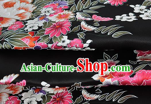 Chinese Classical Orchid Peony Pattern Design Black Silk Fabric Asian Traditional Hanfu Mulberry Silk Material