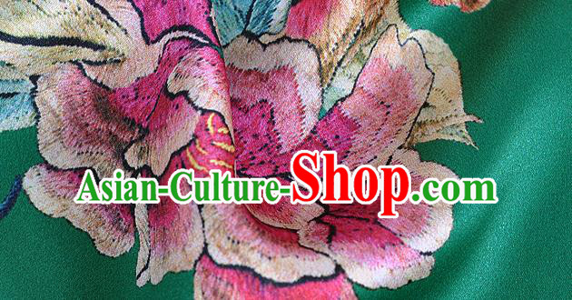Chinese Classical Peony Pattern Design Green Silk Fabric Asian Traditional Hanfu Mulberry Silk Material