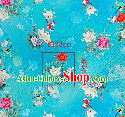 Chinese Classical Hibiscus Pattern Design Blue Silk Fabric Asian Traditional Hanfu Mulberry Silk Material
