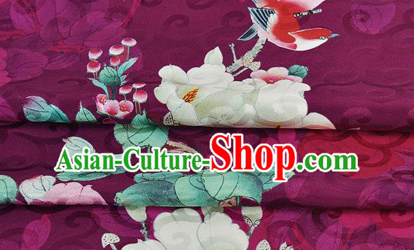 Chinese Classical Hibiscus Pattern Design Purple Silk Fabric Asian Traditional Hanfu Mulberry Silk Material