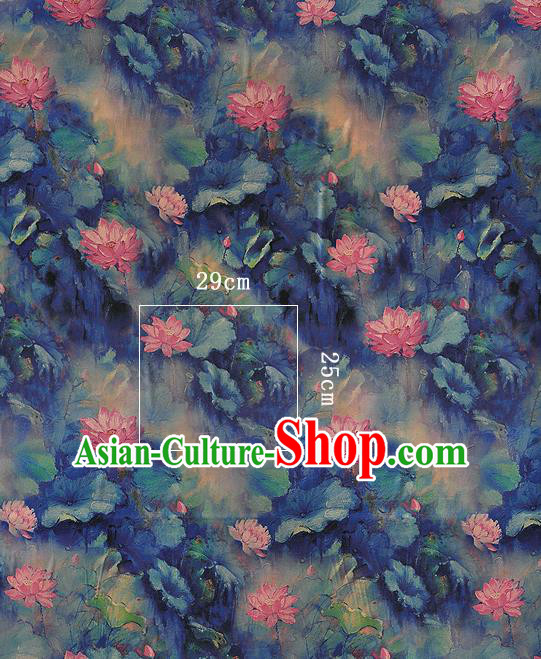 Chinese Classical Lotus Pattern Design Navy Silk Fabric Asian Traditional Hanfu Mulberry Silk Material