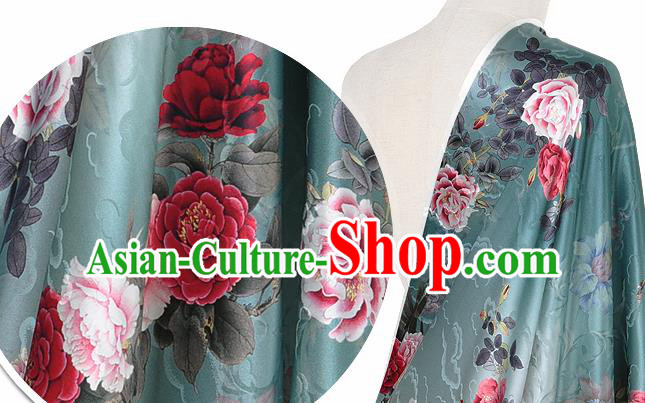 Chinese Classical Cloud Peony Pattern Design Green Silk Fabric Asian Traditional Hanfu Mulberry Silk Material