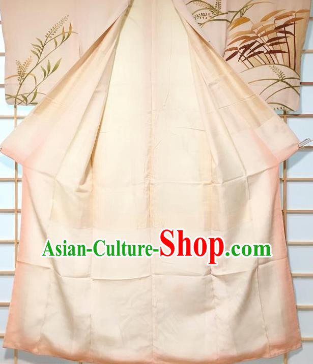 Japanese Traditional Printing Bamboo Leaf Beige Kimono Japan Yukata Dress Costume for Women