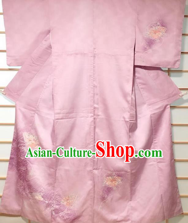 Japanese Traditional Printing Pink Silk Furisode Kimono Japan Yukata Dress Costume for Women
