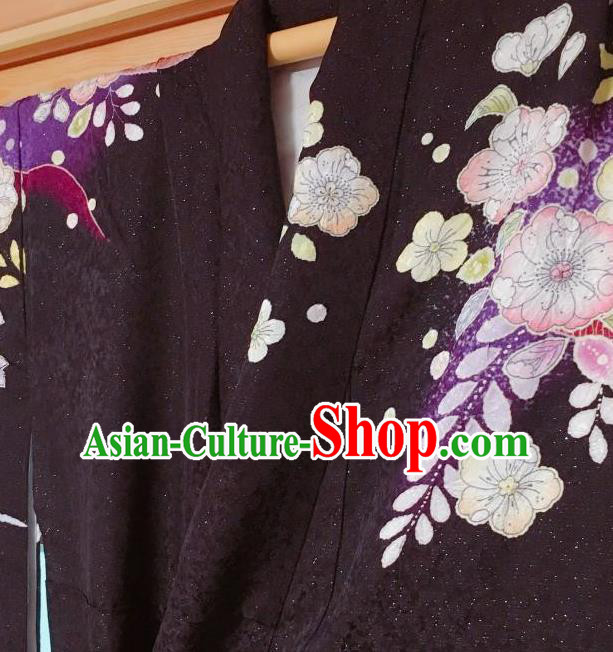 Japanese Traditional Printing Sakura Purple Furisode Kimono Japan Iromuji Yukata Dress Costume for Women