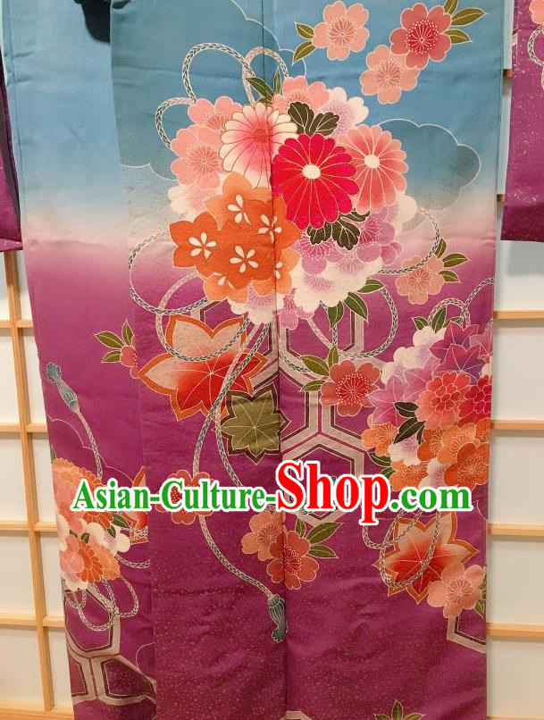 Japanese Traditional Printing Chrysanthemum Blue Furisode Kimono Japan Yukata Dress Costume for Women