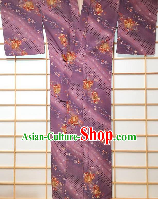 Japanese Traditional Printing Purple Furisode Kimono Japan Yukata Dress Costume for Women