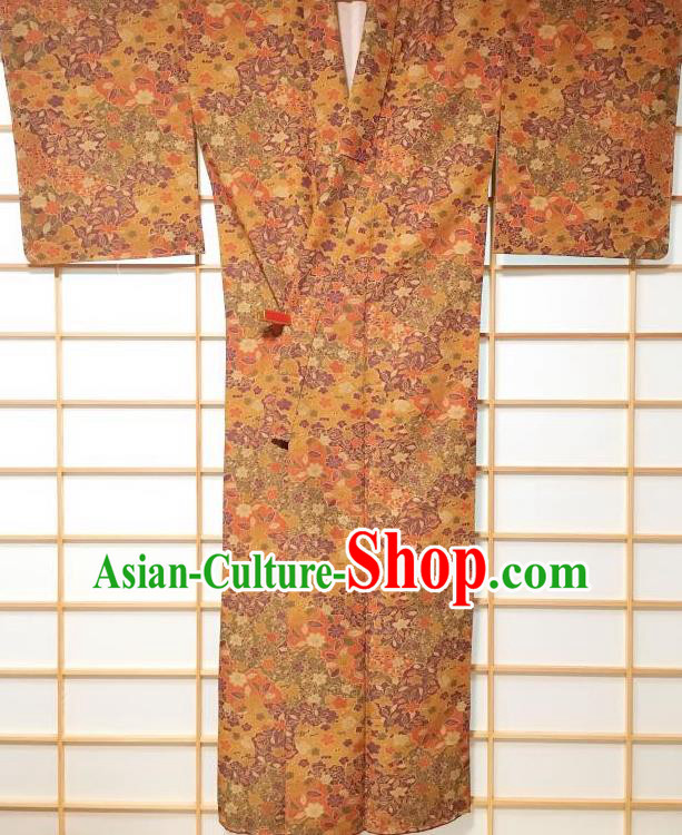 Japanese Traditional Printing Flowers Ginger Furisode Kimono Japan Yukata Dress Costume for Women