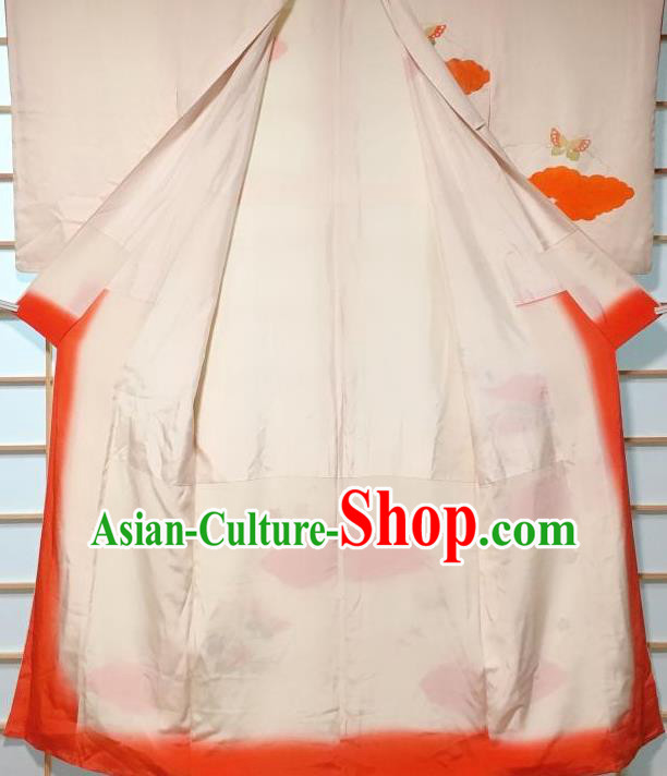 Japanese Traditional Printing Butterfly White Furisode Kimono Japan Yukata Dress Costume for Women