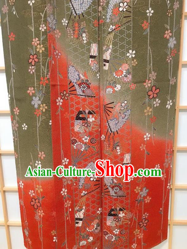 Japanese Traditional Printing Green Silk Furisode Kimono Japan Iromuji Yukata Dress Costume for Women
