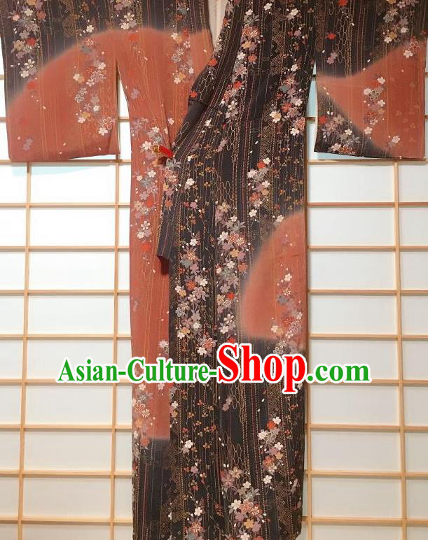 Japanese Traditional Printing Sakura Maroon Furisode Kimono Japan Iromuji Yukata Dress Costume for Women