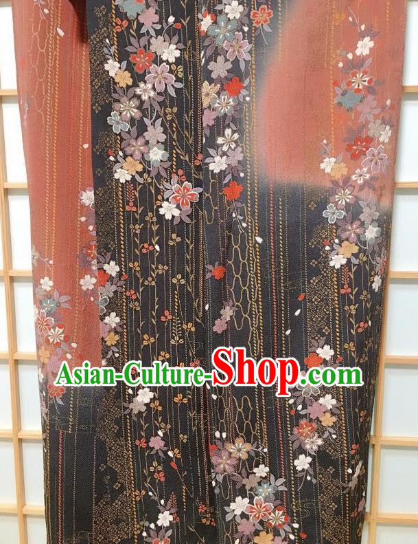 Japanese Traditional Printing Sakura Maroon Furisode Kimono Japan Iromuji Yukata Dress Costume for Women