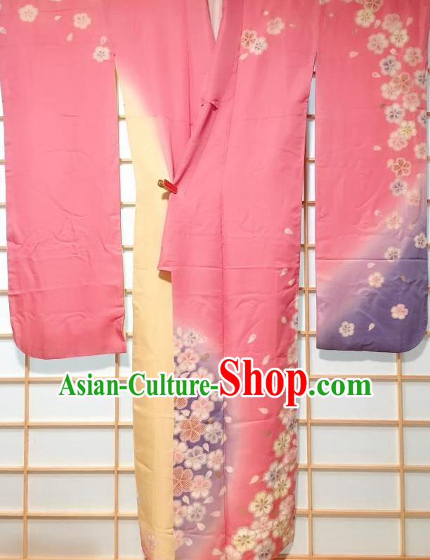 Japanese Traditional Printing Cherry Pink Furisode Kimono Japan Iromuji Yukata Dress Costume for Women
