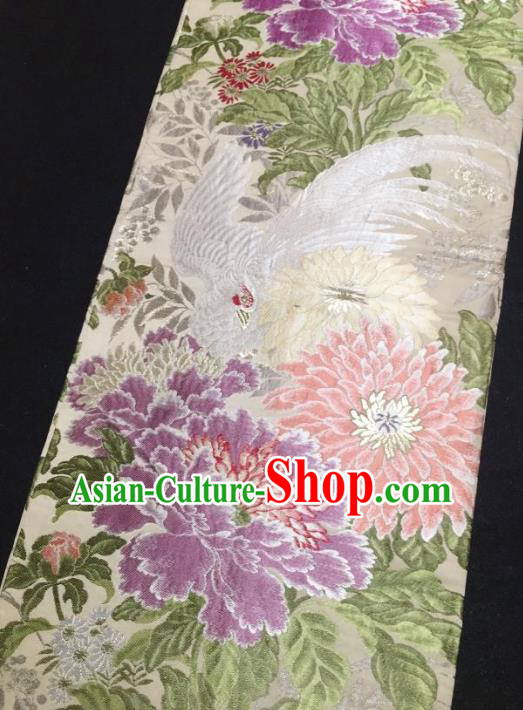 Japanese Traditional Phoenix Peony Pattern Beige Brocade Waistband Japan Kimono Yukata Belt for Women