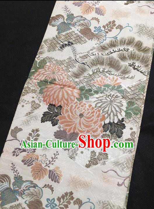 Japanese Traditional Chrysanthemum Pine Pattern White Brocade Waistband Japan Kimono Yukata Belt for Women