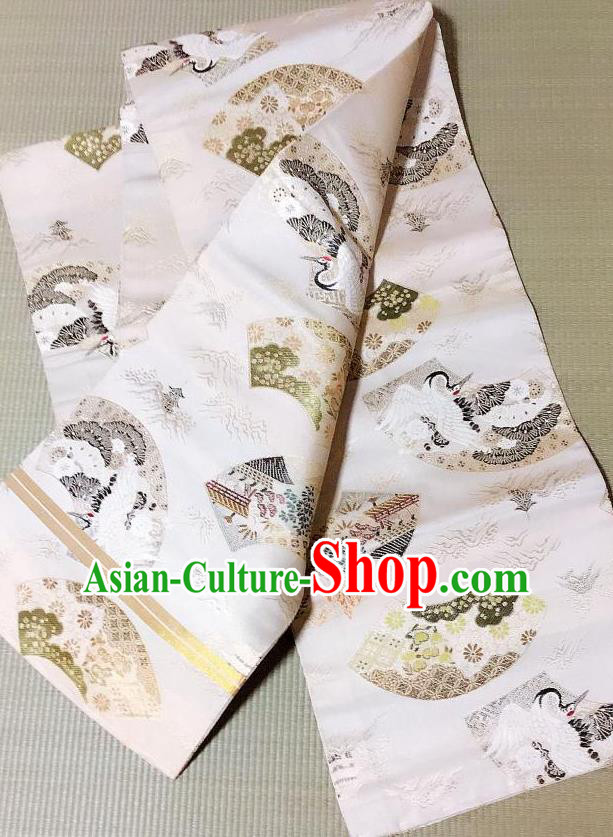 Japanese Traditional Crane Pattern White Brocade Waistband Japan Kimono Yukata Belt for Women