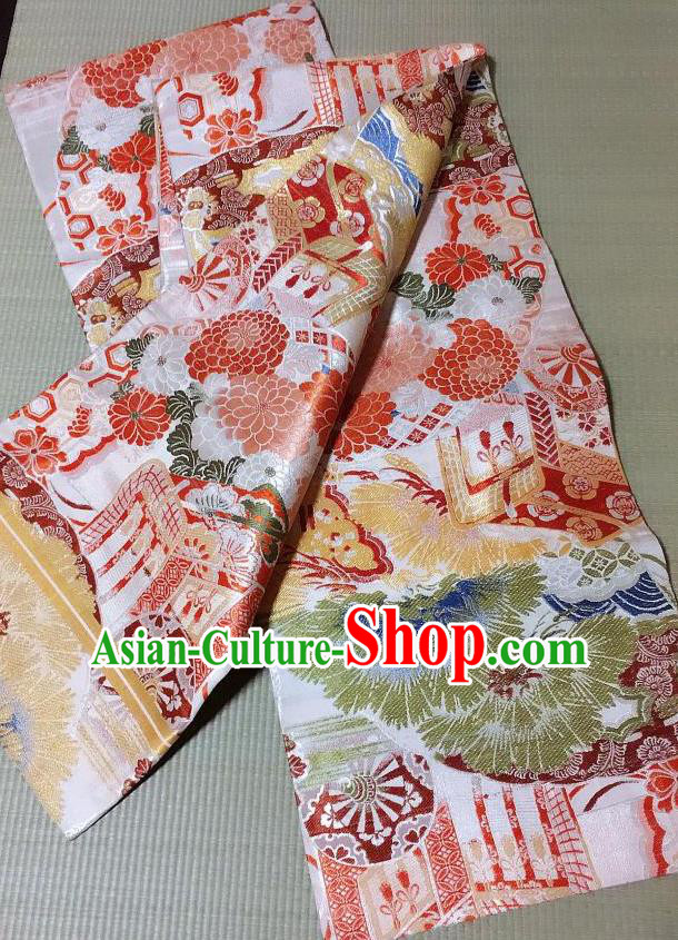 Japanese Traditional Red Chrysanthemum Pattern Brocade Waistband Japan Kimono Yukata Belt for Women