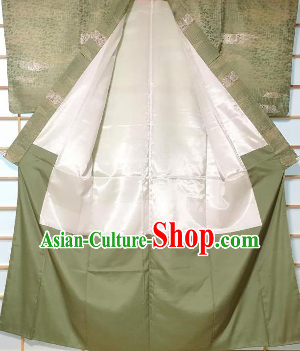 Japanese Traditional Printing Green Furisode Kimono Japan Yukata Dress Costume for Women